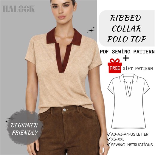 Ribbed Collar Polo Top Sewing Pattern | Women's XS-XXL (PDF Pattern) - Etsy