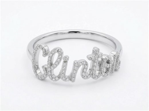 Custom Cursive Name Ring, Diamond Accent, Gold Script Band, Moissanite Ring, - Etsy