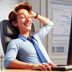 Young cartoon character enjoying monitoring data on screen, infographic, economics