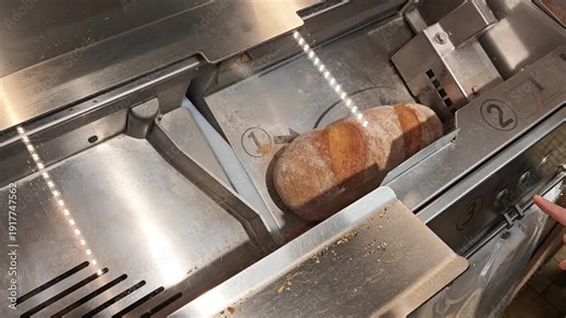16 february 2026, Aachen, Germany. Lidl discounter store. Elderly woman putting a bread in a bread cutting machine, select and push a button. The machine starts cutting bread, in slices. Cheap superma