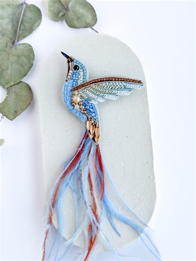 Beaded Hummingbird Brooch Pin Embroidered Gift for Her Bird Lover Jewelry Ostrich Feather Brooch Handmade Unique Gift Blue and Brown Bird - Etsy