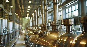 Factory processing alcohol in fermentation tank with chemical conveyor system. Concept Factory Operations, Alcohol Processing, Fermentation Tank, Chemical Conveyor System, Industrial Machinery