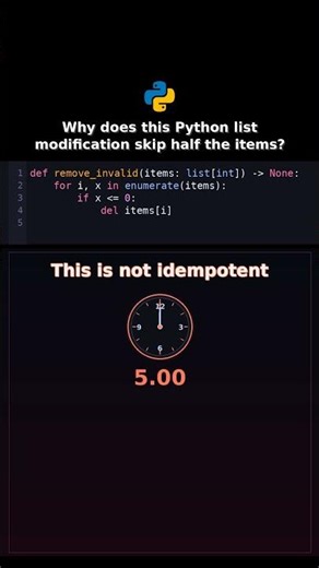 Why does this Python list modification skip half the items? #pythonbackend