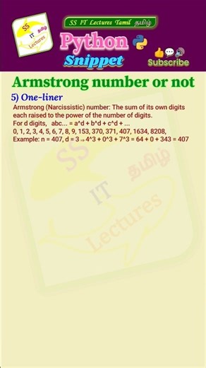 Python Program,Snippet, Armstrong Number, one-liner #pythonprogramming#pythoncoding#shorts#trending