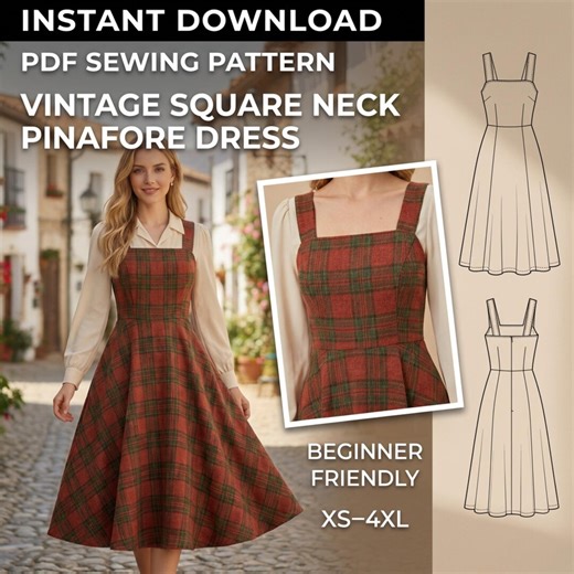 Vintage Square Neck Pinafore Dress Sewing Pattern PDF | Cottagecore Overall Dress Pattern | Beginner Friendly | Digital Download XS–4XL - Etsy