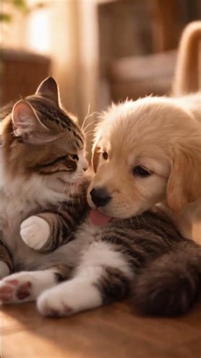 Cat Washing Its Face While a Puppy Comes Closer to Sniff