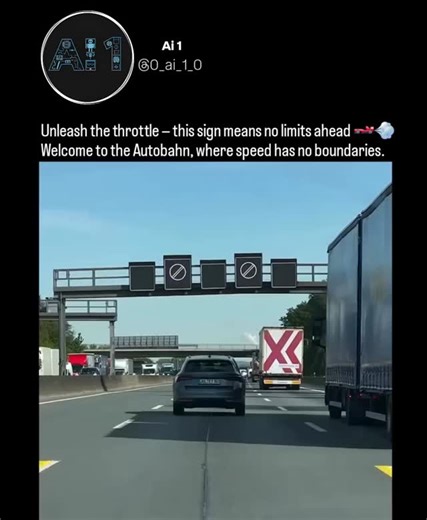 Ai 1 on Instagram: "The Autobahn — the only road on Earth that truly defines freedom. 🛣️💨 In Germany, when you see this sign, it means no official speed limit. While most highways cap you at 65–80 mph, here drivers legally push their machines beyond 200 mph. 🏎️🔥 Built with unmatched precision, the Autobahn features ultra-smooth pavement, wide lanes, and a system built on discipline — not chaos. Slower cars keep right, faster ones fly left, and everyone follows the code. It’s more than a road