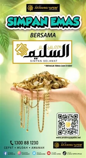 Anda ingin bercuti ? Risau barang kemas anda di rumah? Ar Rahnu YAPEIM bersama produk baharu iaitu 𝐀𝐥 𝐒𝐚𝐥𝐞𝐞𝐦 memudahkan pelanggan menyimpan barang kemas/ bar emas YAPEIM dengan caj simpanan harian serendah RM0.02 sen sehari. ------------------------------------------ ❤️Like, Follow, Share & Subscribe ➡️Laman sesawang rasmi arrahnuyapeim.net ➡️Follow Channel Telegram Ar Rahnu YaPEIM (Official): https://t.me/ArRahnuYaPEIM ➡️Subscribe Youtube Channel Ar Rahnu YaPEIM https://www.youtube.com/