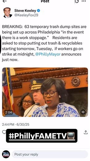 BREAKING: 63 temporary trash dump sites are being set up across Philadelphia “in the event there is a work stoppage.” Residents are asked to stop putting out trash & recyclables starting tomorrow, Tuesday, if workers go on strike at midnight, @PhillyMayor announces just now. Via Steve Keeley #PhillyFAMETV📺 | Philly FAME