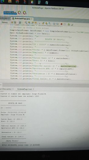 Ejercicio: Implementación de una boleta de pago simple en Java curso Introducción a la programación #utp #programacion #estudiantes #estudiantesdeprogramacion #ingsistemas🧑‍💻👨‍🎓 #java #netbeans