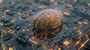 A computer circuit board with a human brain placed on top, symbolizing artificial intelligence and technology.