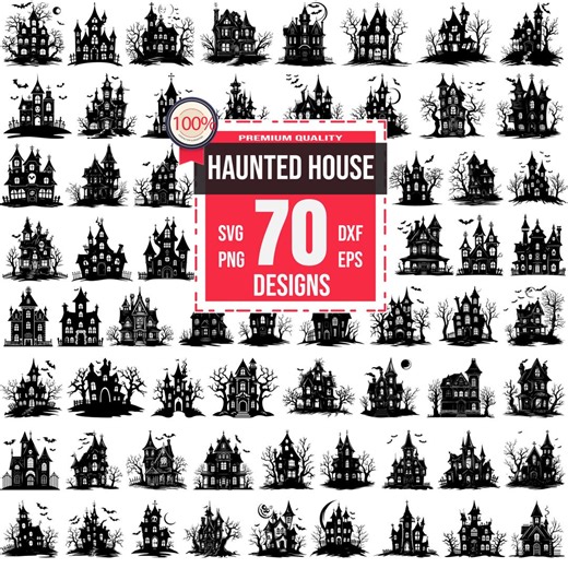 70 Haunted House SVG Bundle, Spooky Mansion Clipart PNG, Halloween Castle Cut Files for Cricut, Gothic House Silhouette, Horror Scene