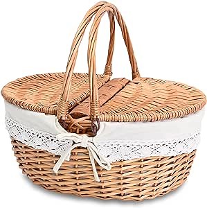 Wicker Picnic Basket with Removable Liner Empty Picnic Baskets with Lid, Picnic Hamper with Foldable Handles for Picnic 2, Natural Color, Large
