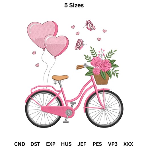 Floral Bicycle Machine Embroidery Design, Heart Butetrfly Flowers Embroidery Pattern, Trendy Digital Download - Etsy