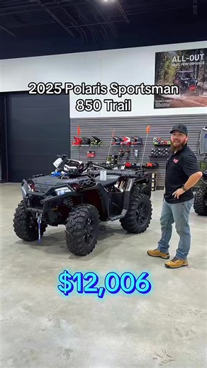 Polaris Sportsman 850 Built for riders who demand power, durability, and all-terrain performance. The Sportsman 850 features a high-output 850cc engine delivering strong torque for trail riding, mud, sand, and heavy work. With on-demand AWD, high ground clearance, and a tough suspension system, it handles rough terrain with confidence. Comfortable, reliable, and ready for adventure this ATV is perfect for both work and play. Check out the 2025 Polaris Sportsman 850 Trail, now available for just 