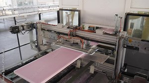 automatic cutting of styrofoam on conveyor line, equipment for production of foam polystyrene at plant