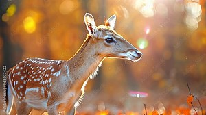 A young deer stands in an autumnal forest, sunlight dappling through the trees.