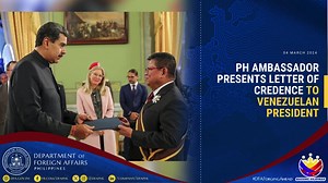 Ambassador Joseph Gerard B. Angeles presented his Letter of Credence to Venezuelan President Nicolas Maduro, at the Presidential Palace, the Palacio dela Miraflores, also called Casa del Pueblo (the House of the People), in Caracas on 20 February 2024. Read full story 👉🏻 https://tinyurl.com/ytxmke5d #DFAForgingAhead | Department of Foreign Affairs, Republic of the Philippines