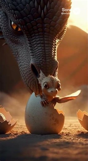 Realistic baby dragons hatching from cracked eggs as the mother dragon watches protectively