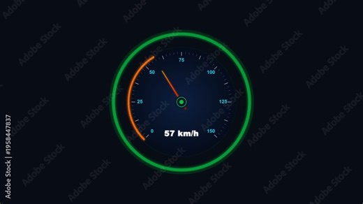 Speedometer animation accelerating from zero to 110 km/h with glowing neon dial needle and dynamic speed indicator