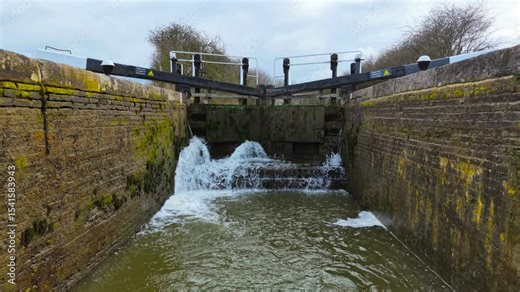 Lock gate releasing surging water into canal. Sluice system controlling fluid movement. Hydraulic mechanism adjusting navigation flow. Waterway lock managing level transition