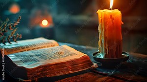 An opened old book with ancient text with a candles illuminated background. Ancient knowledge concept animation.