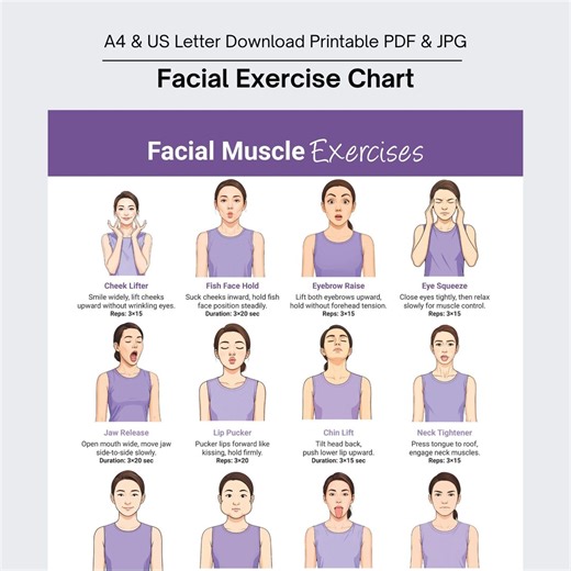 Facial Exercise Chart Printable, Face Yoga Guide, Jawline & Neck Exercises for Seniors and Women Printable, Skin Tightening Exercises PDF - Etsy
