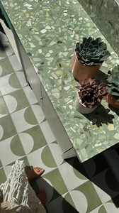 a green dream 🌱 // trust the process 〰️ strands x del sol green arches tiles on the floor pacifica quietude topaz and marble chip tops | Concrete Collaborative