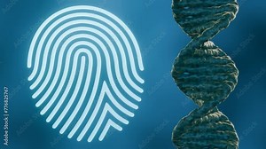 3d animation of glowing fingerprint and rotating DNA strand