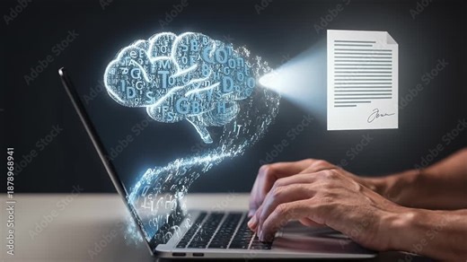A person typing on a laptop, generating text and documents using AI technology.