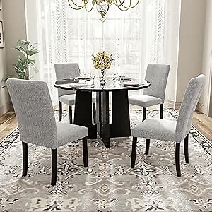 Merax 5-Piece Round Dining Table Set, Modern 4 Upholstered Chairs for Living,Kitchen Room, 43 Inch, Grey+Black