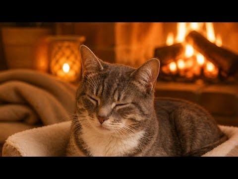 Sleep with Cozy Cat Purring by the Fireplace – ASMR Night Stream.