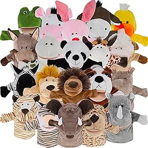 20 Pcs Animal Hand Puppets Set Hand Puppets Soft Plush Animal Puppet with Movable Mouth Role Play Toy Puppets, Elephant Giraffe Monkey Cow for Easter Basket Gift, 20 Styles