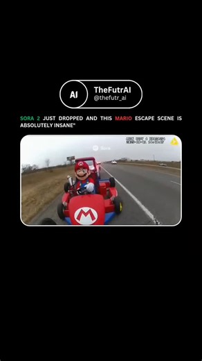 TheFutrAI on Instagram: "BODY CAM CHASE: Mario just got pulled over! 🚨 ​This viral clip, created with OpenAI’s Sora 2, shows a cop stopping Super Mario in his kart... until Mario floors it before the officer can even open the door. ​The creator's next move? Hitting "Remix." They described the escape, and Sora instantly built the next scene. It's storytelling that evolves with every click. ​Initial Prompt Breakdown: "Realistic body cam footage of a police officer pulling over Super Mario in his 