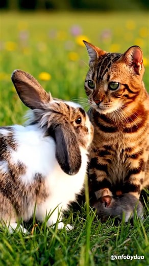 Photorealistic close up of a small rabbit gently turning its head while the same cat watches quietly