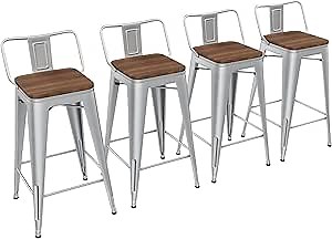 Yongchuang 30 inch Bar Stools Set of 4 Bar Height Metal Barstools with Wood Seat Low Back Kitchen Bar Chairs Silver