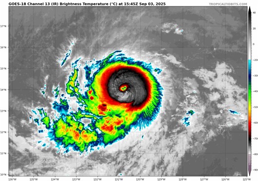 Hurricane Kiko is about to become a MAJOR hurricane in the Pacific Ocean. This is moving directly towards Hawaii! There is a strong possibility that Hawaii will see impacts from Kiko in ~7 days. With that said, it's too early to tell what impacts will be felt (minor or moderate-major). Additionally, Kiko should weaken to a tropical storm by the time it approaches Hawaii. | Max Velocity
