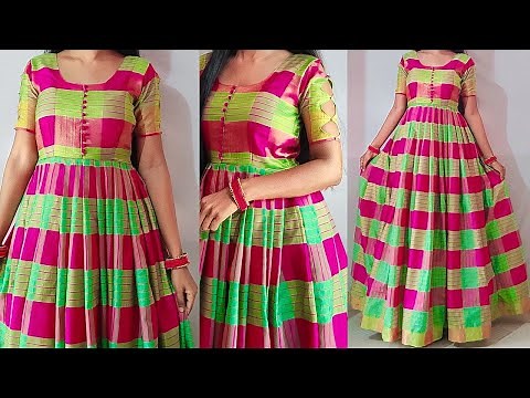 Convert Saree into Designer Long Gown/dress/frock | Potli button neck design | Sleeve design