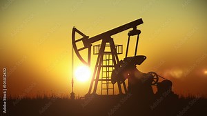 Looped animation of Oil Pump working at Sunset. Bright Sun. Business and technology 3d animation. HD 1080.