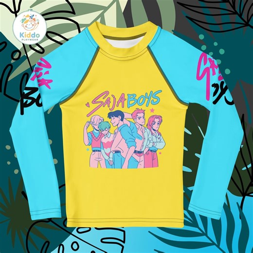 Kid Rash Guard Swim Shirt- K-pop Style Graphic, Long Sleeve UV Protection, Yellow -blue - Etsy