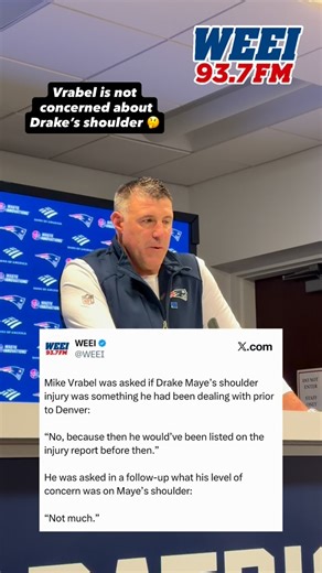 WEEI on Instagram: "Mike Vrabel was asked if Drake Maye’s shoulder injury was something he had been dealing with prior to Denver: “No, because then he would’ve been listed on the injury report before then.” He was asked in a follow-up what his level of concern was on Maye’s shoulder: “Not much. I try not to have a whole lot of concern…” #patriots #patsnation #gopats #mikevrabel #drakemaye"