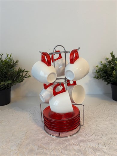 Set of 6 Guzzini Gocce Red Espresso Cups, Porcelain and Plastic, Vintage Italian Design, Cups With Saucers and Rack - Etsy