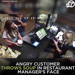 An angry customer hurled a container of soup in the face of a manager at a Mexican restaurant after complaining that the soup she picked up was hot and melted the plastic lid. The manager apologized and offered a refund, but the woman still threw the soup at her. | ABC7