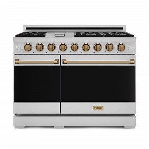 Check The Home Depot's Q&A Before Buying: Thor Kitchen Gordon Ramsay Series 48 in. 6-Burners Freestanding Double Oven Gas Range in SS/Bronze with Convection and Grill