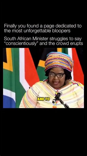 @unforgettablebloopers on Instagram: "Public speaking bloopers like this one tend to spread quickly online because they capture a very human moment in an otherwise formal setting. During a live address, a South African government minister briefly stumbled over the word “conscientiously,” a long and phonetically complex term that even fluent speakers can trip over. The pause and repetition triggered laughter from the audience, momentarily breaking the seriousness of the speech. Linguists note tha
