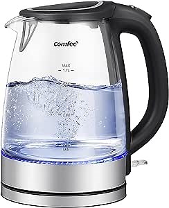 COMFEE' Glass Electric Tea Kettle & Hot Water Kettle Electric, 1.7L Electric Kettle with LED Indicator, 1500W Fast Boil, Auto Shut-Off and Boil-Dry Protection