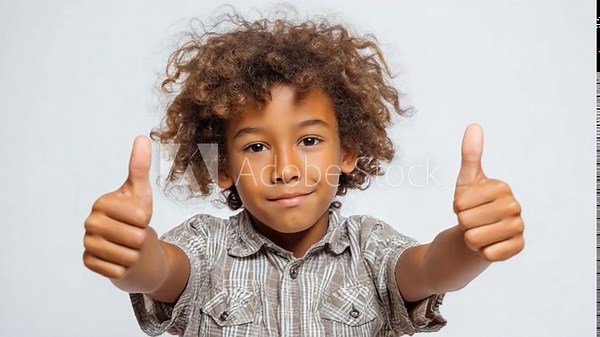 Child's Thumbs Up: An engaging portrait of a young boy expressing positivity, joy, and approval with a confident double thumbs-up gesture, symbolizing agreement and satisfaction.