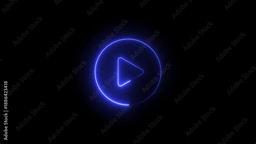 Blue color Neon video play symbol with glow effect. Music play button icon animation. 4k motion footage.
