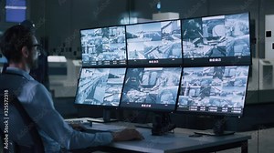 Industry 4.0 Modern Factory: Security Operator Controls Proper Functioning of Workshop Production Line, Uses Computer with Screens Showing Surveillance Camera Footage Feed. High-Tech Security