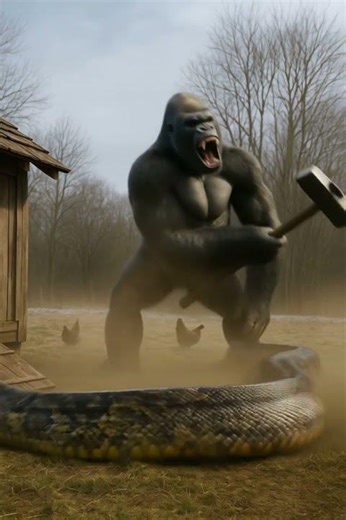 Gorilla’s showdown to protect chickens! Python ambush fails 🐍🔥🦍 #gorilla #python #shorts